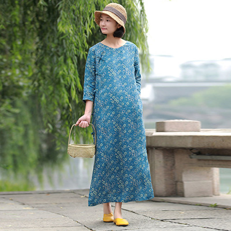

Johnature Spring Summer Fashion Floral Print O-neck Plate Buckle Cheongsam Dresses Leisure Cotton Linen Comfortable Women Dress 210521, Blue