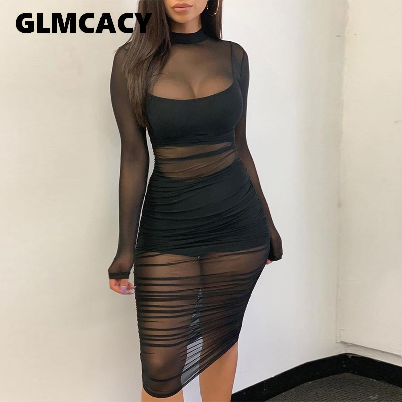 

Women Solid Mesh See Through Design Ruched Lining Dress Stretch Sexy & Club Black Night Out Bodycon Dress