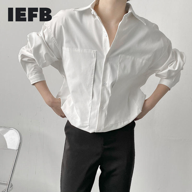 

IEFB Korean Streetwear Fashion Simple Design White Black Shirts Loose Long Sleeve Loose Patched Oversized Shirt 9Y7227 210524