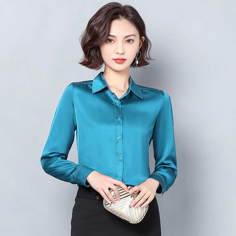 

Heavyweight Silk Shirt Satin Long Sleeve for Elegant Woman Solid Blouse Tops Plus Size Pink XXXL 210604, Blue