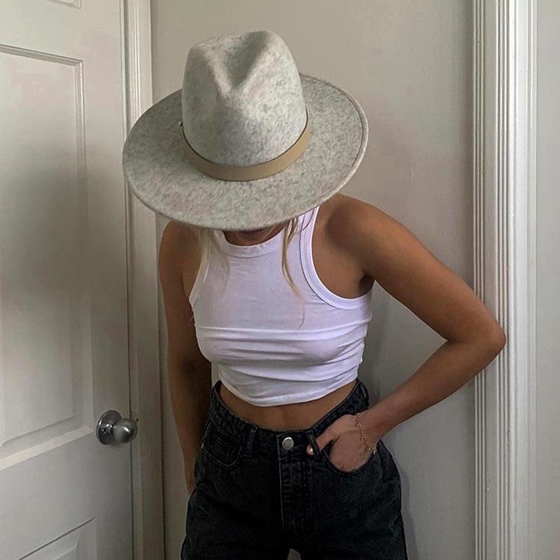 

Stingy Brim Hats Winter Fashion Mixed Color Gray Jazz Hat Wool Felt Ladies PU Decoration Casual Wide Panama Fedora Top Cap Cape