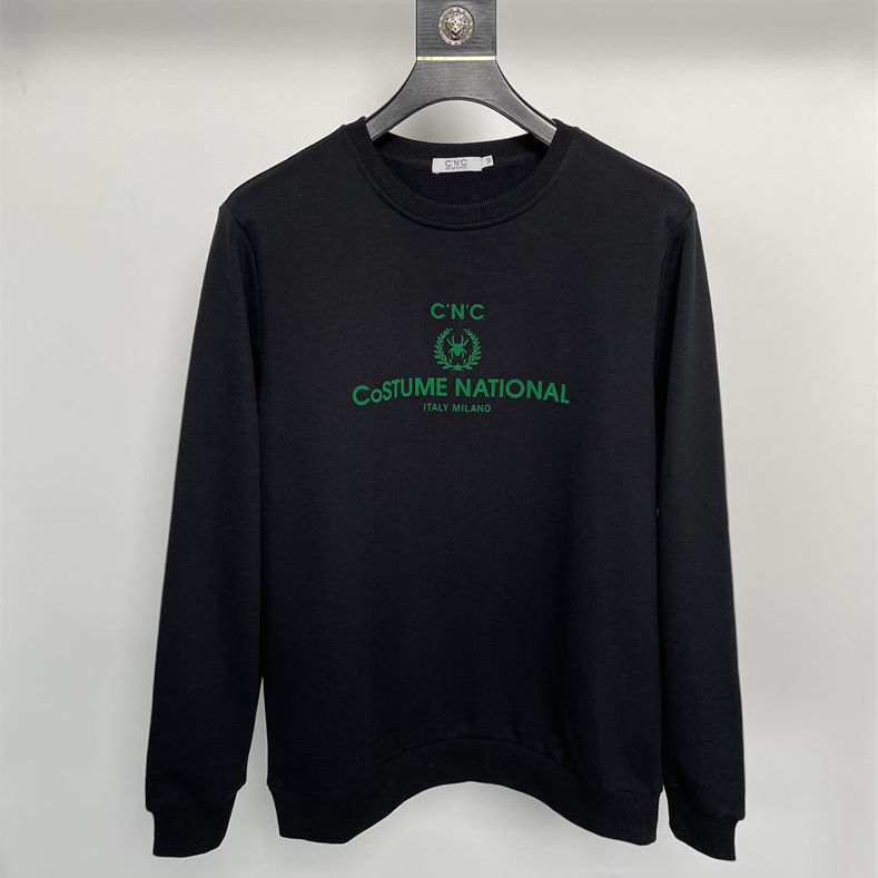 

Italy Autumn and Winter CNC Mens Sweater Flocking Spider Print Cotton Round Neck Pullover, Black