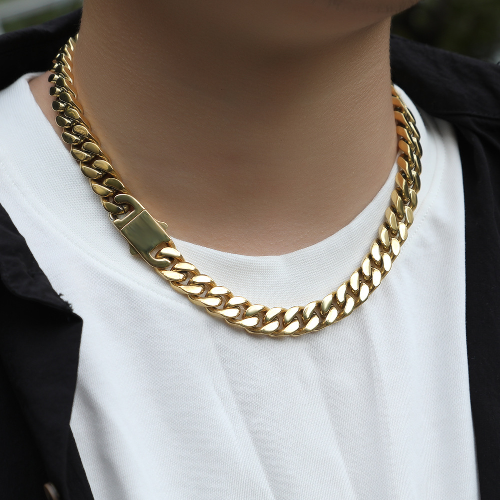 Nuoya Hip Hop Jewelry Stainless Steel Men Flat 4 Side Curb Cuban Link Chain Necklace Gold Chains For Men Drop Shipping