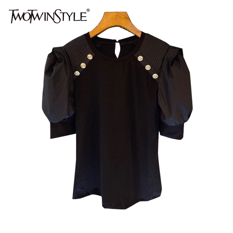 

TWOWINSYLE White Patchwork Button Shirt For Women O Neck Short Sleeve Casual Shirts Female Fashion Clothing Style 210524, Black