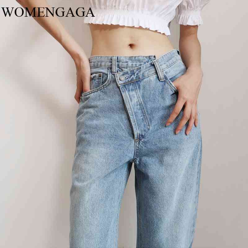 

Summer Fashion Light Blue Women Asymmetric Fly Jeans With Button Closure Split Waist Straight Leg Plus Size 2S4F 210603, Wash blue
