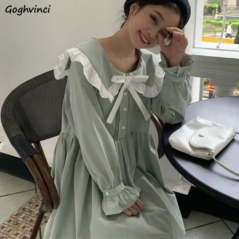 

Long Sleeve Dress Patchwork Peter Pan Collar Leisure Bow A-line Loose Sweet Students Korean Style Fashion Streetwear New Ulzzang, Green
