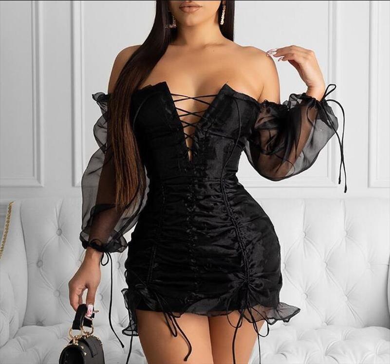 

sheer mesh off shoulder womens dresses mini black lace up cross bodycon skinny party club outfits autumn, Black;gray