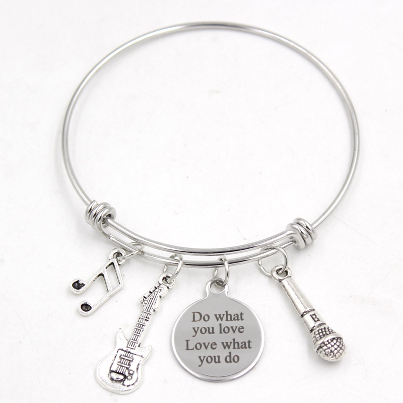 Nouvelle Arrivée En Acier Inoxydable Bracelet Fil Réglable Extensible Bracelet Musicien Bracelet Note De Musique Guitare Microphone Charme Bracel