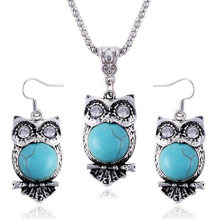 

women's night owl Tibetan silver turquoise Earrings Necklace set DMTQS016 fashion gift national style women DIY jewelry sets, As show