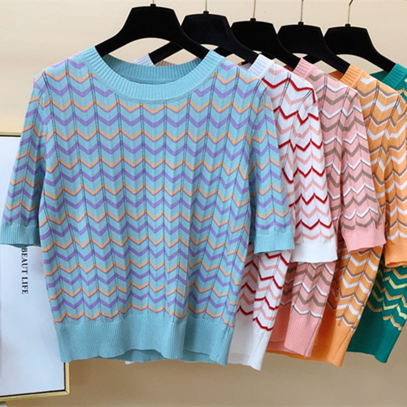 

Wavy Stripes Color matching Ice silk Knit Short Sleeve Women's Top Summer Elegant O-neck Hollow Thin Pullover Sweater 210525, Green