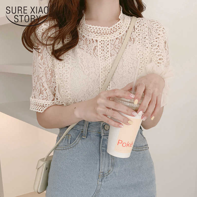 

Fashion Spring Summer Blusas Mujer De Moda Short Sleeve Lace Women Shirt Slim Fit Hollow Out Women Blouses and Tops 8745 50 210527, Apricot
