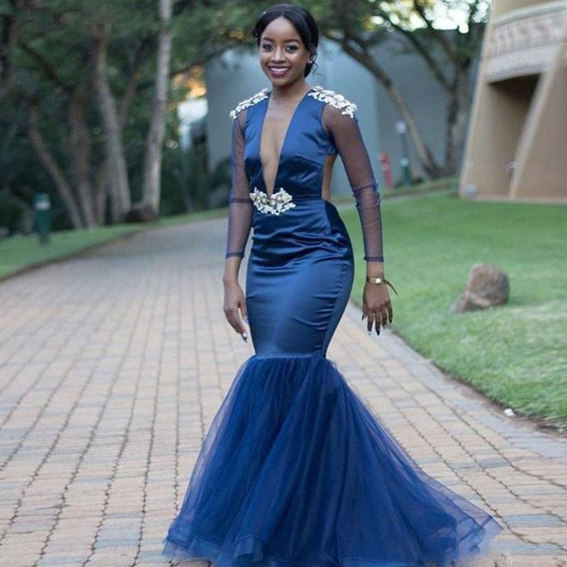 

African Long Sleeves Mermaid Evening Dresses with Appliques Deep V Neck Sweep Train Tulle Formal Prom Party Gowns Plus Size, White