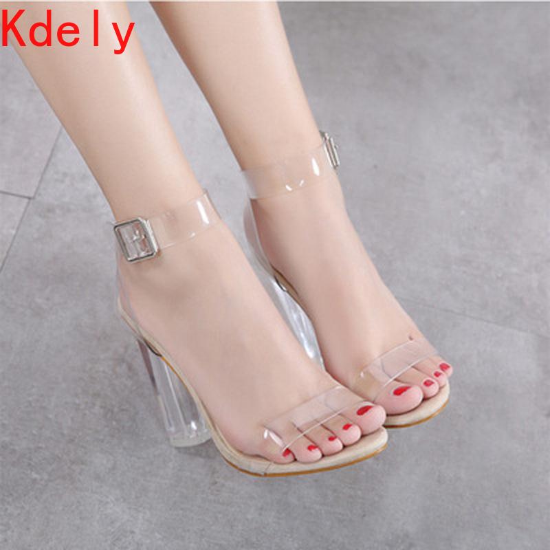 

Women's Sandals Ankle Strap High Heels PU Clear Crystal Transparent Classic Buckle Quality Women Shoes Size 34-42 Dress, Black