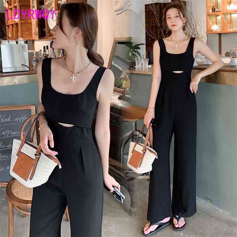 

LDYRWQY The summer skinny casual straps wide leg jumpsuit for women in Polyester Loose 210603, Black