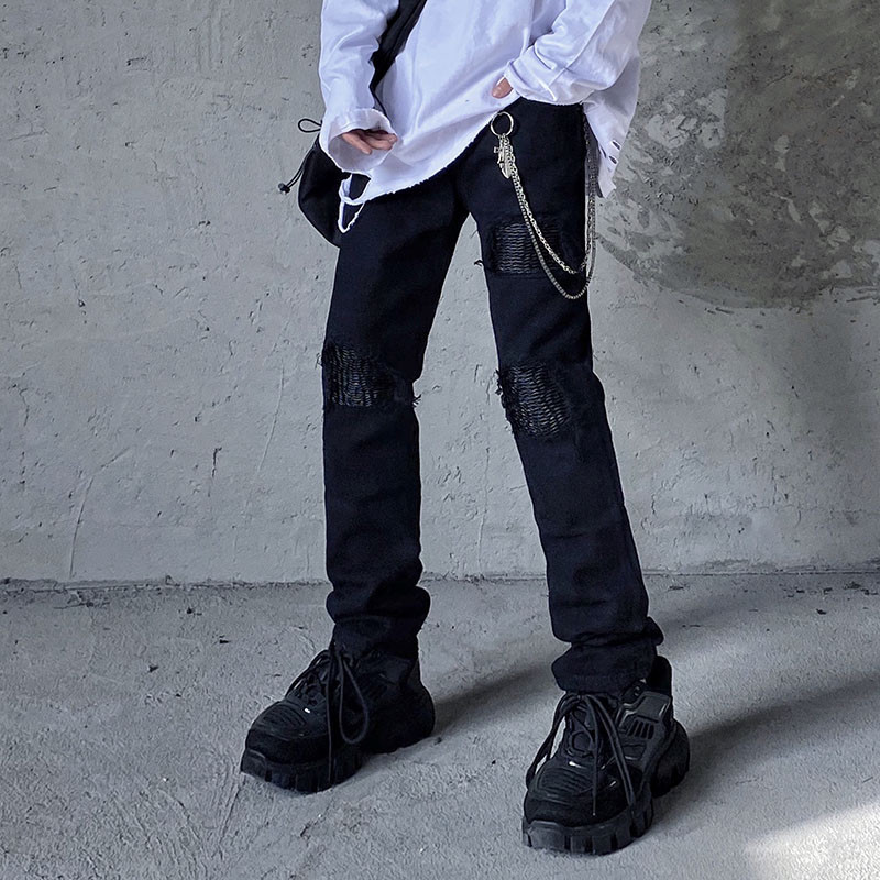 

Knee Hole Black Washed Jeans for Men High Street Pockets Straight Loose Casual Pencil Pants Hip Hop Denim Trousers, Blue