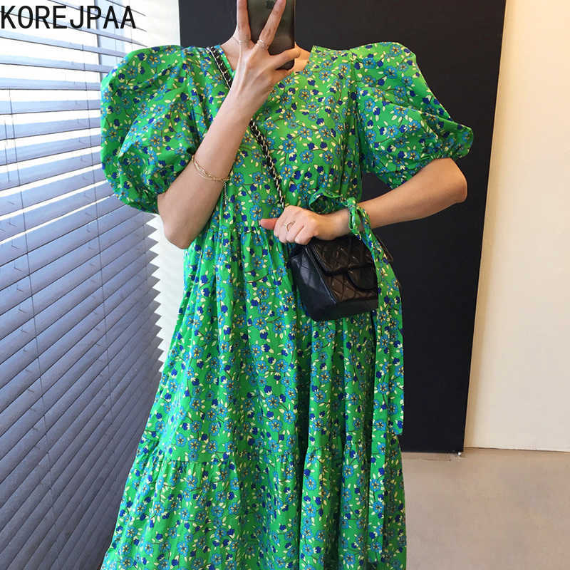 

Korejpaa Women Dress Korean Fashion Chic Summer Green Flower Square Neck Lace Up Waist Loose Ruffle Dresses Long Vestido 210526, Purple