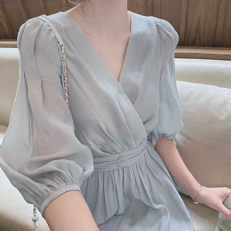 

Summer French Retro Dress Women Elegant Puff Sleeve Korean Dress Female Office Lady Casual V-neck Chiffon Fairy Dress for Wome, Light blue