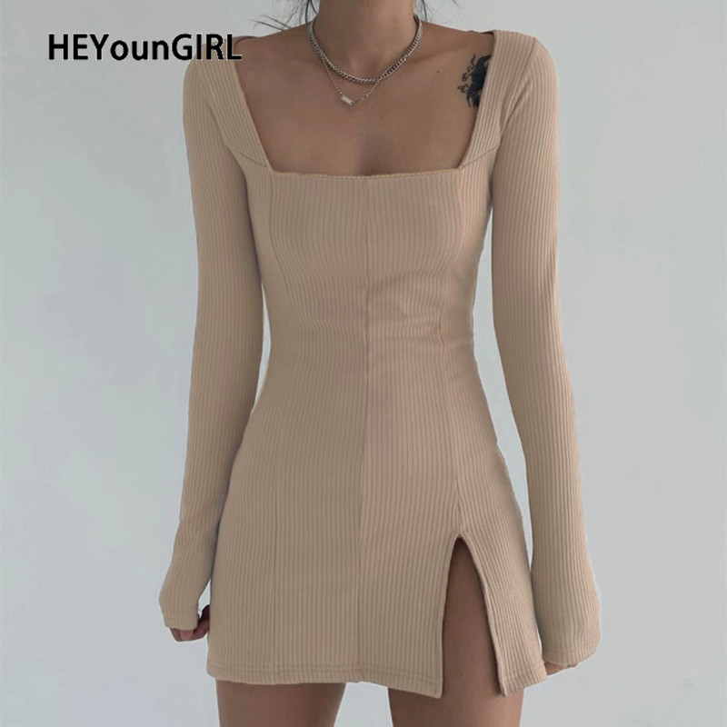 

HEYounGIRL Split Side Solid Bodycon Mini Dress Women Square Collar Ribbed Casual Short Dresses Ladies Long Sleeve Korean Fashion, Black