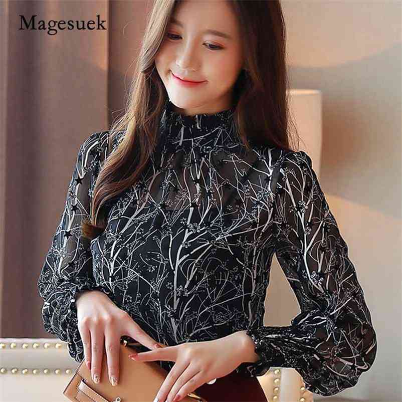 

Women Autumn Fashion Chiffon Blouses Long Sleeve Printed Tops Casual Stand Collar Floral Clothing blusas 6197 210518, Apricot