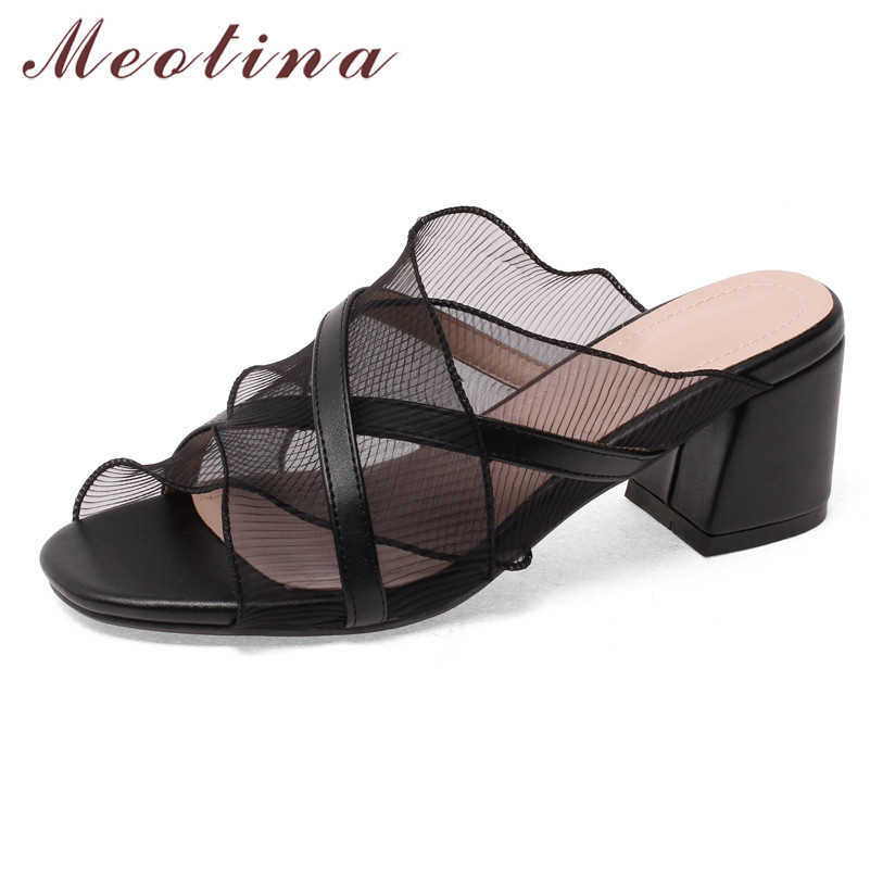 

Meotina Slippers Women Lace High Heel Slides Open Toe Square Heels Shoes Ladies Summer Causal Sandals Female White Red Size 210608