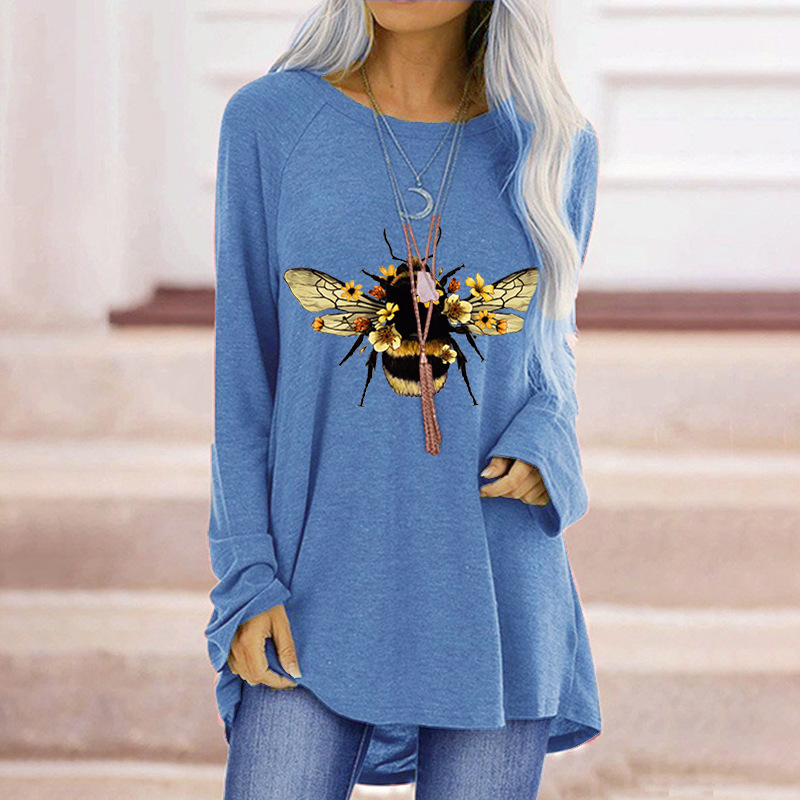 

2021 autumn and winter fun little bee printing loose round neck long sleeve T-shirt women, White