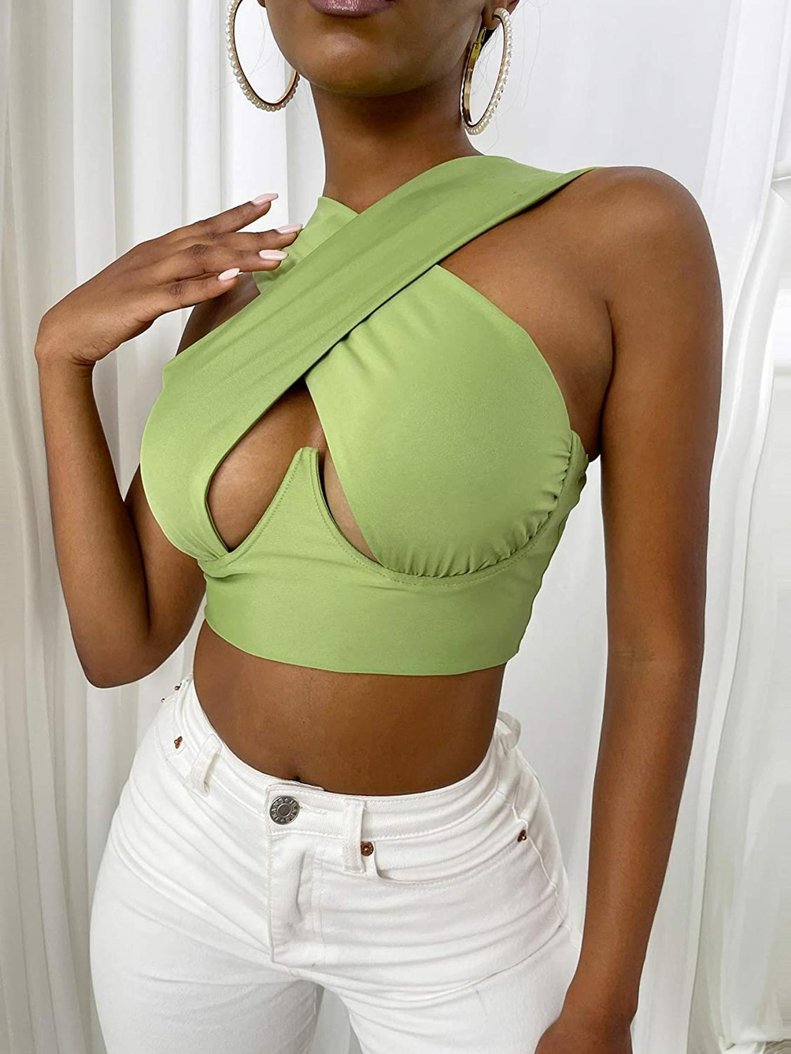

Women' Criss Cross Tank Tops Sexy Sleeveless Solid Color Cutout Front Crop Top Party Club Streetwear Summer Lady Bustier Camis, As pic