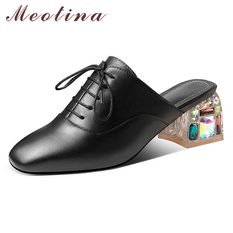 

High Heels Women Pumps Natural Genuine Leather Thick Heel Mules Shoes Cow Square Toe Lady 210517, Black