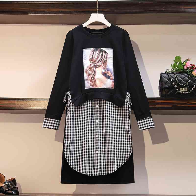

L-4XL Spring Autumn Womens Fashion O Neck Long Sleeves Print Patchwork Plaid Shirt Dress Female Casual Dresses A4341 210428, Beige