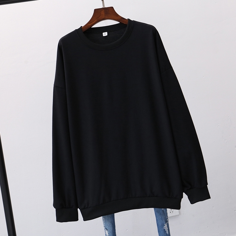 

300kg large women's dress solid color round neck clean version sweater 2020 autumn new Korean loose long sleeve blouse, Black