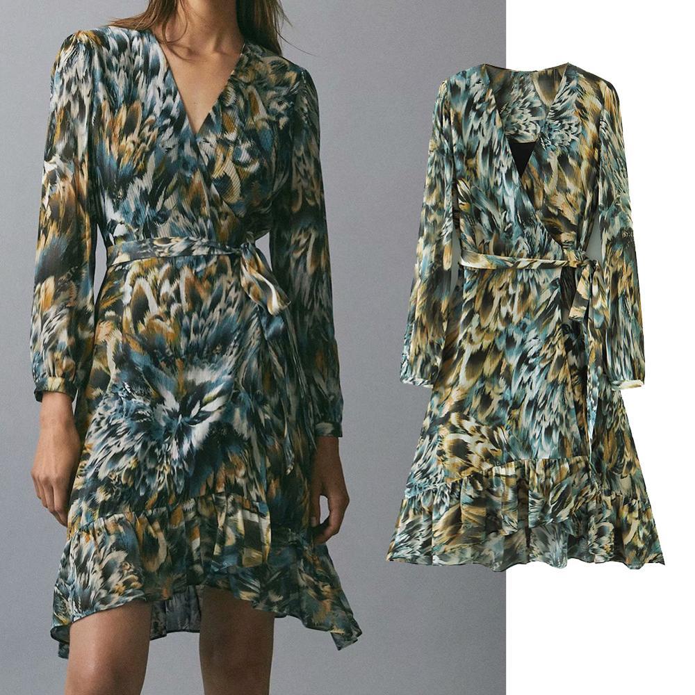 

Casual Dresses summer fashion leopard printing chiffon dress women long sleeve v-neck mini vacation wrapped smocks KA2O, Green