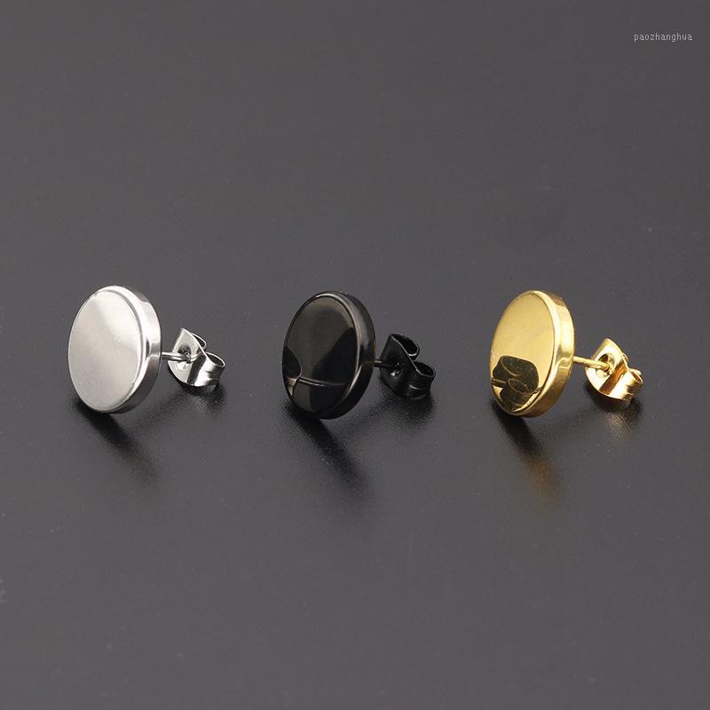 

Titanium Steel Stainless Round Single Side Cake Black Earrings Fine Needle Barbell For Women Men Stud, Golden;silver