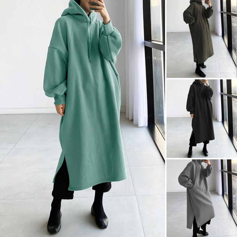 

Autumn Sweatshirt Dress 2021 ZANZEA Fashion Women Hoodies Long Sleeve Sundress Casual Hooded Solid Loose Vestido Long Pullover 7, Gray