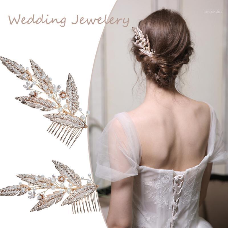 

Wedding Accessories Leaf Hairpins Pearls Rhinestones Hair Combs Pins Head Pieces Brides Women Headdress Bridal Jewelry Clips & Barrettes, Golden;silver
