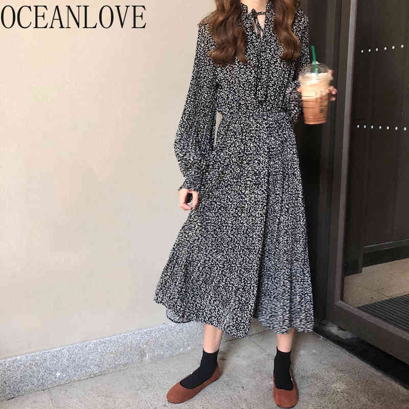

Chiffon Vestidos Autumn Print Lace Up Elegant Women Dresses Vintage Korean A-line Long Dress Fashion 17525 210415, Apricot