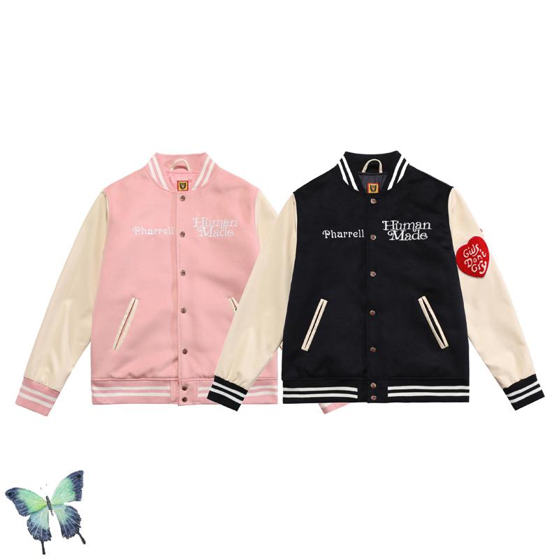 

Men' Jackets Sleeve Leather Logo On Button Embroidery Human Made Baseball Jersey Jacket, 8003hong