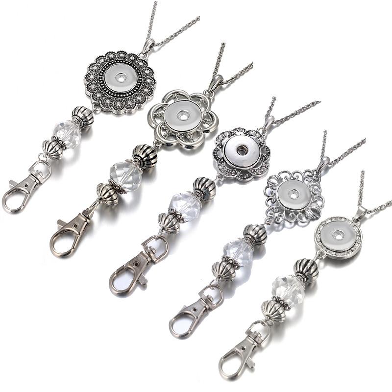 

Pendant Necklaces Flowers Crystal Lanyard Retractable ID Badge Reel Phone Key Holder Snap Necklace 60cm Fit 18mm Buttons Jewelry
