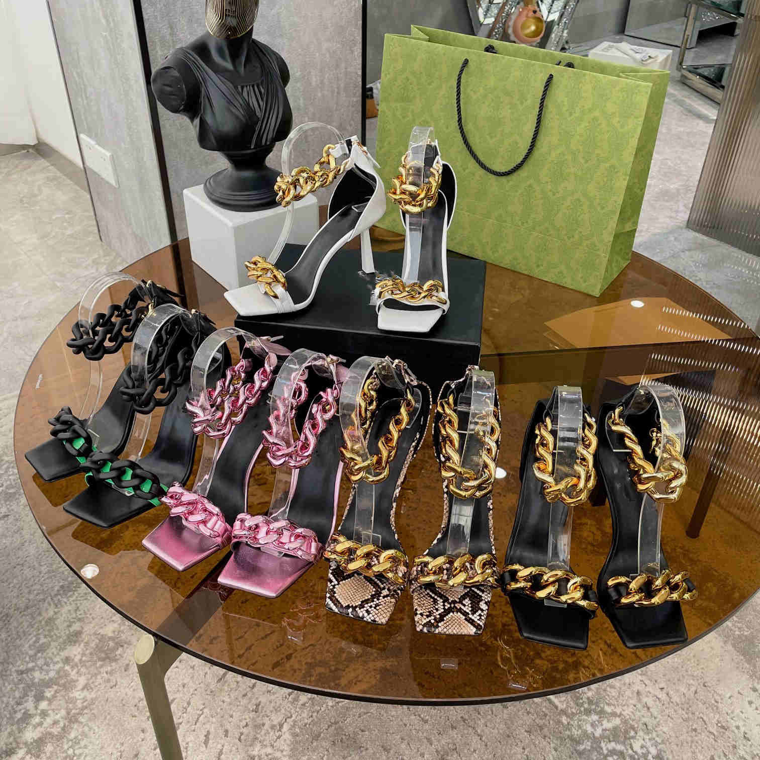 

One word strap sandals female summer mid-heel high heels design brand temperament square toe metal chain sandals, As pic 4