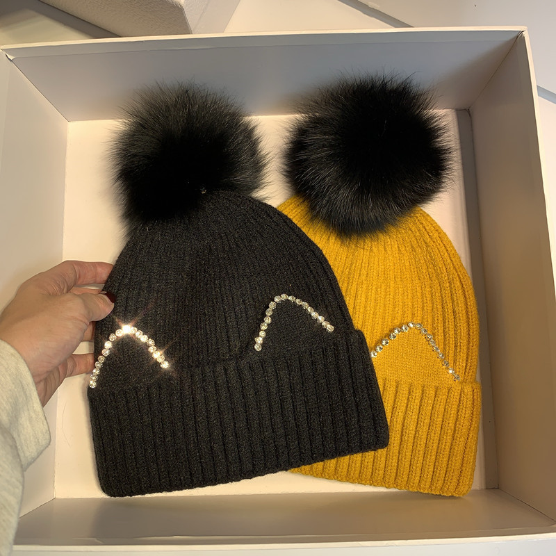 

Berets Winter Adult Women Girl thick wool knitting beanies cap Casual Real Fox fur Pompoms knit hat skullies JC7V, Grey fox ball