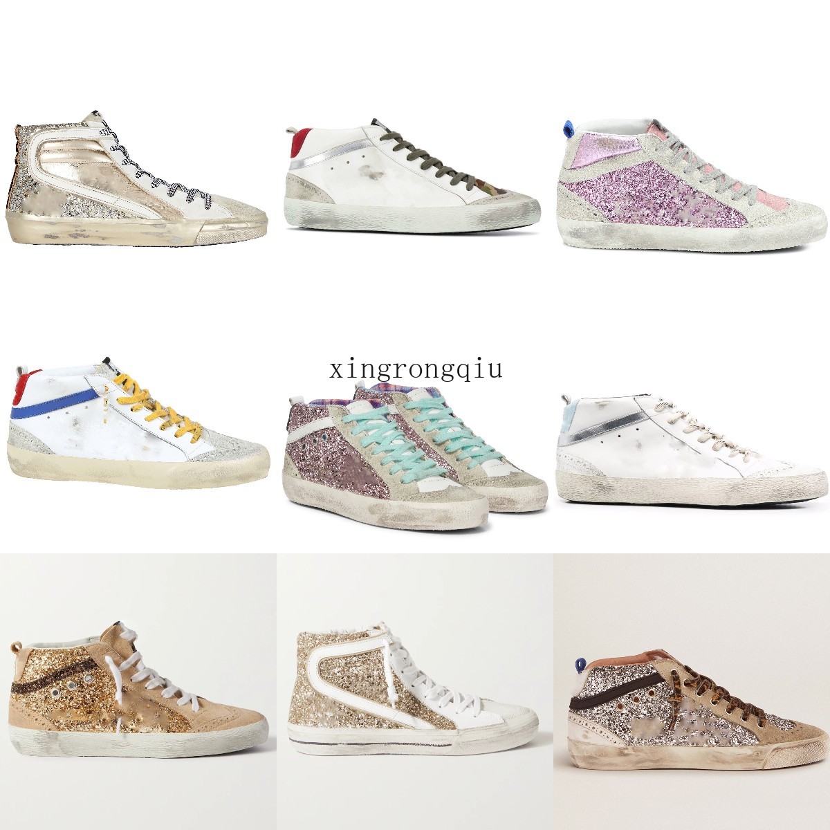 

luxury Golden Mid Slide high top Sneakers Fashion Women casual shoes Designer Trainers Sequin Classic White Do-old Dirty Men shoe, Custom style