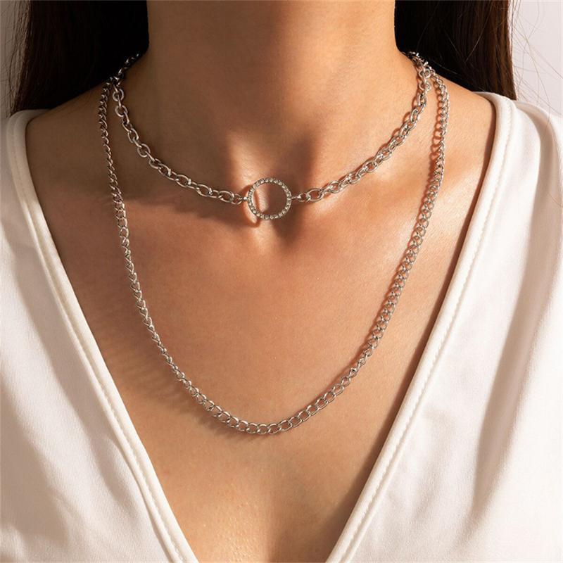 

Pendant Necklaces Fashion Silver Color Metal Thick Chain Crystal Round Necklace For Women Vintage Punk Multilevel Cute Girl Gift Jewelry
