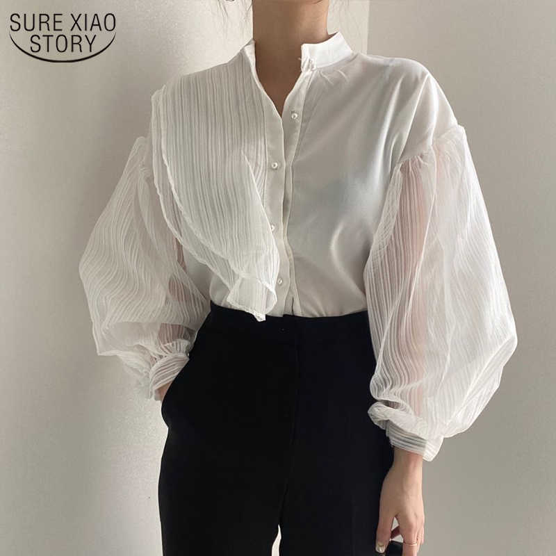 

See Through Blouse Women Fashion Sexy Loose White Shirt Women's Spring Korean Puff Long Sleeve Mesh Blouse Clothes 11256 210527, Black