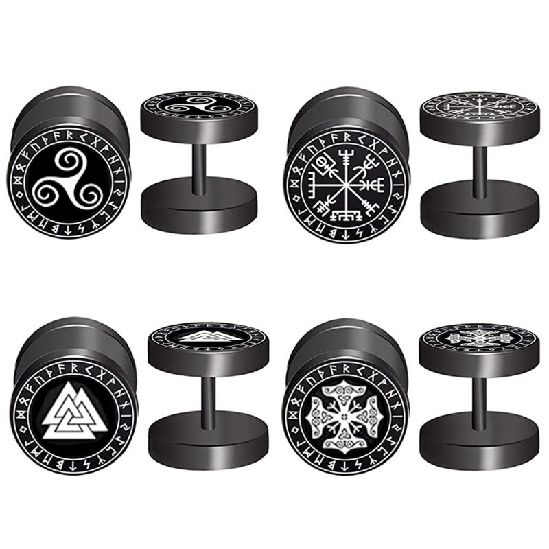 

Stud Fashion Viking Odin's Black Stainless Steel Earring Barbell Ear For Women Men Fake Plug