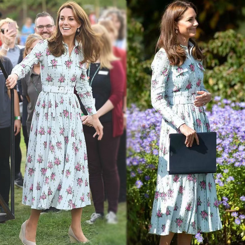

Star Kate Middleton Catwalk New High-End Womens Clothing Fashion Polo Collar Mid-Length Printed Shirt Dress Spring and Autumn, Flower color