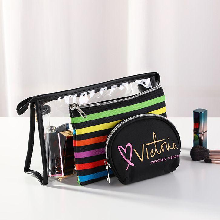 

FashionA Three-piece Makeup Bag Set Double Layer Mesh Waterproof PVC Cosmetic Travel Large Capacity Portable Wash Bags & Cases, Pink