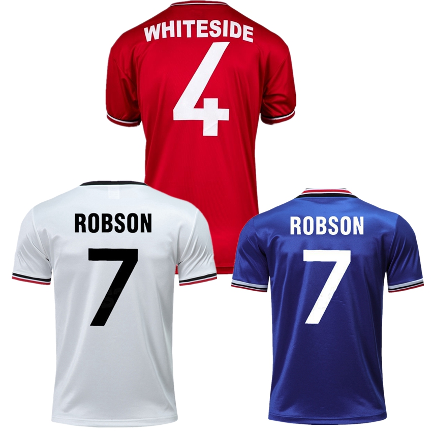 

ROBSON 7 retro soccer jerseys 1984 1985 WHITESIDE 4 United 84 85 Classic Vintage Mühren Strachan Olsen man football shirt, 85 86 away jersey