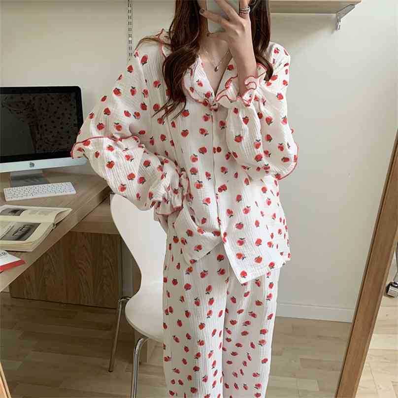 

Korean Linen Loose Printed Strawberries Pajamas Sweet Sleepwear Warm Cute Gentle Chic Women Soft Home Clothes 210525, Blue