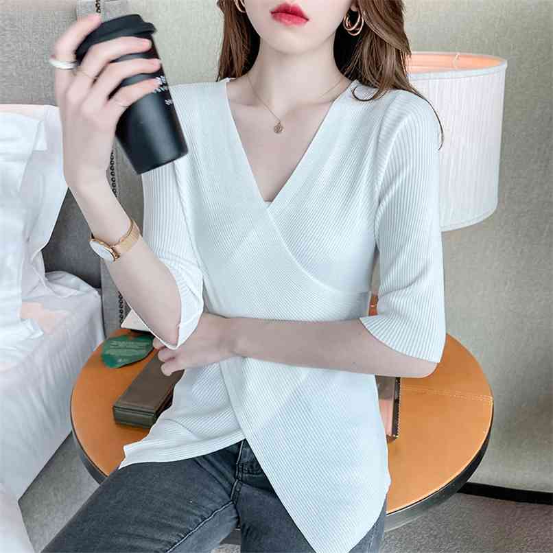 

Fashion Irregular Knit Sweater Spring Slim All-match Base Shirt White V-neck Thin Casual Top Sale 210520