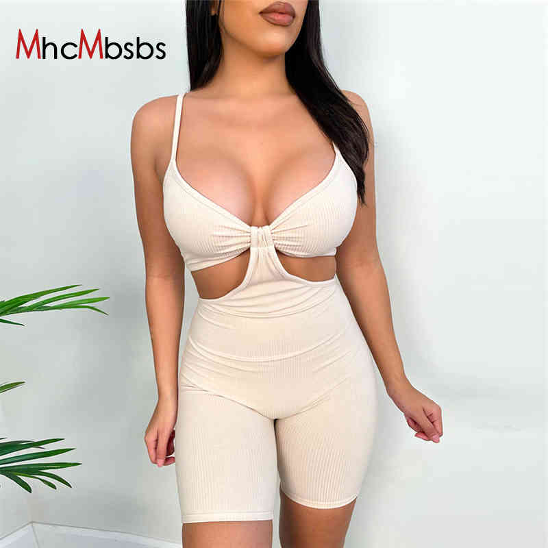 

Ribbed Hollow Out Workout Skinny Women Rompers Casual Strap Active Wear Shorts Playsuits Streetwear Outfits 210517, Khaki