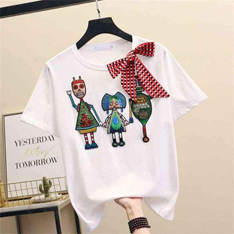 

Women Luxurious Embroidery Sequins Cartoon T Shirt Lady O-Neck Short Sleeve Bow Tee Cotton Casual Tshirt Summer Female Top 210720, Picture color