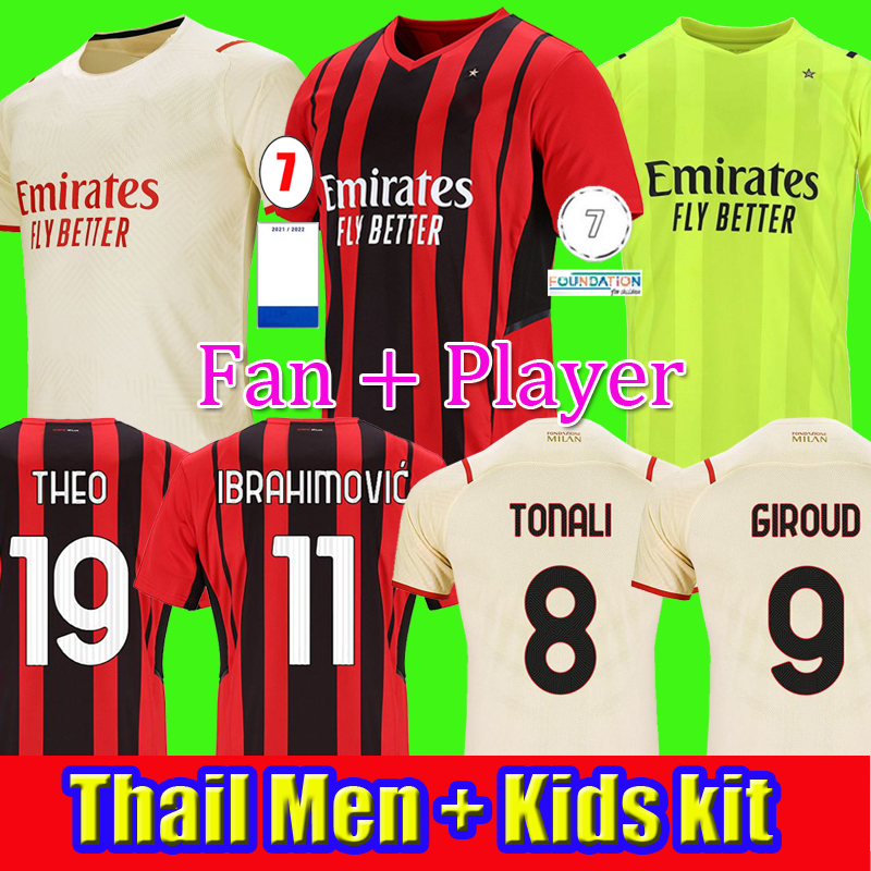 

AC 20 22 soccer jersey Milan IBRAHIMOVIC PAQUETA BENNACER ROMAGNOLI 2021 football shirt THEO REBIC men + kids kit away third, 2122 home